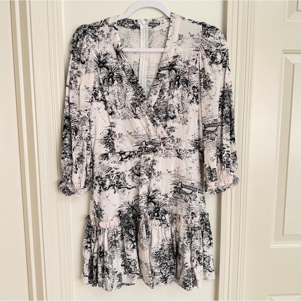 Olivaceous Milkmaid Dress Toile Print Linen Size Small